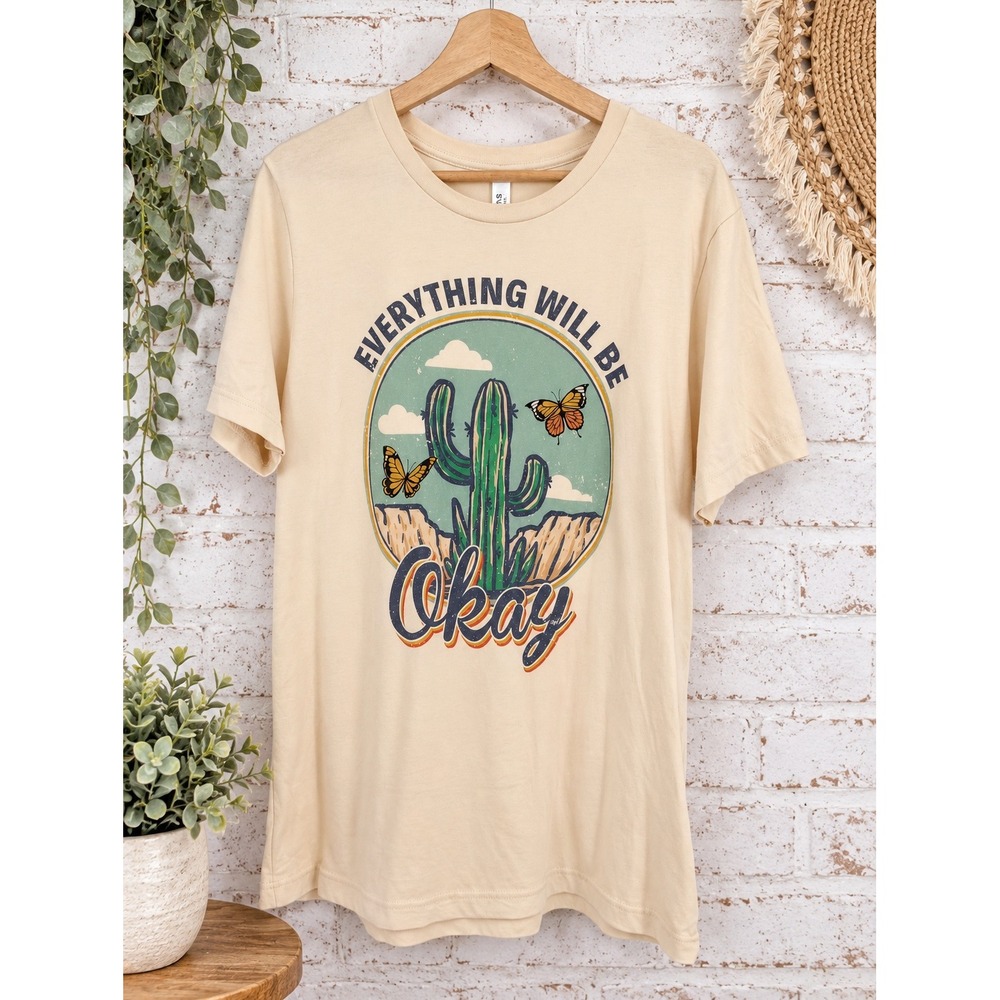Bella+Canvas T-Shirt Women Large Beige Everything Will Be Okay Cactus Butterfly